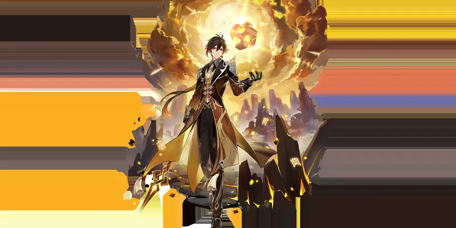 Official Zhongli splash art — Geo Shield · Burst nuke